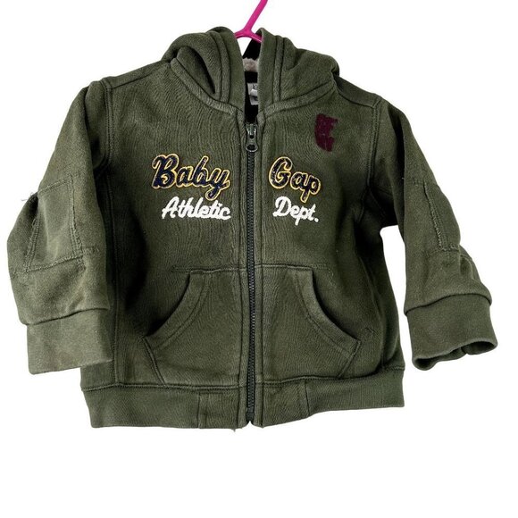Babygap army green patches zip up size 6-12mon - Picture 1 of 6